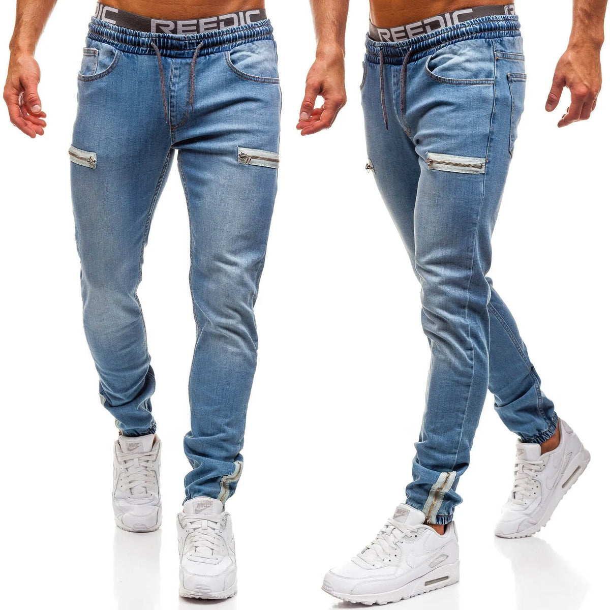 Men's denim sports jeans 65% cotton in dark blue, light blue, and black, sizes M to 4XL