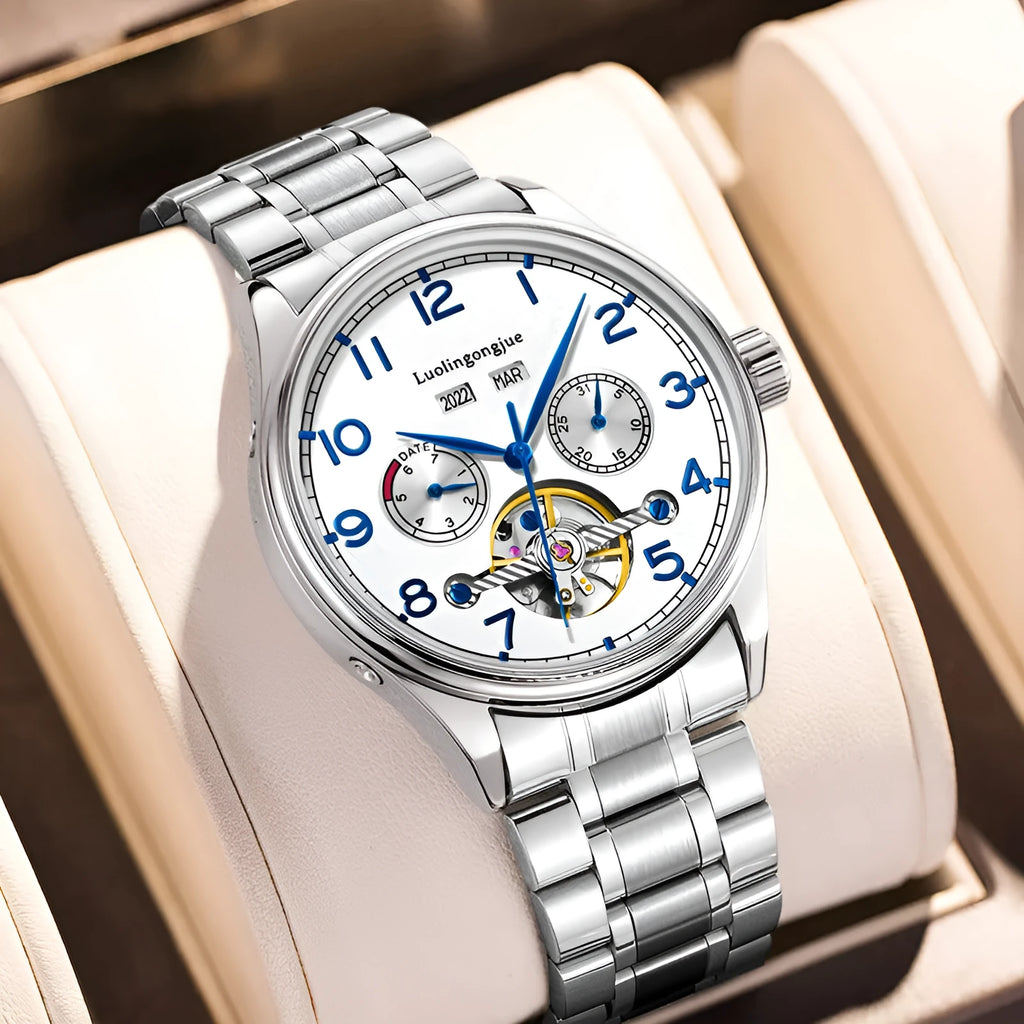 Men's stainless steel mechanical business watch with hollow skeleton design showing movement