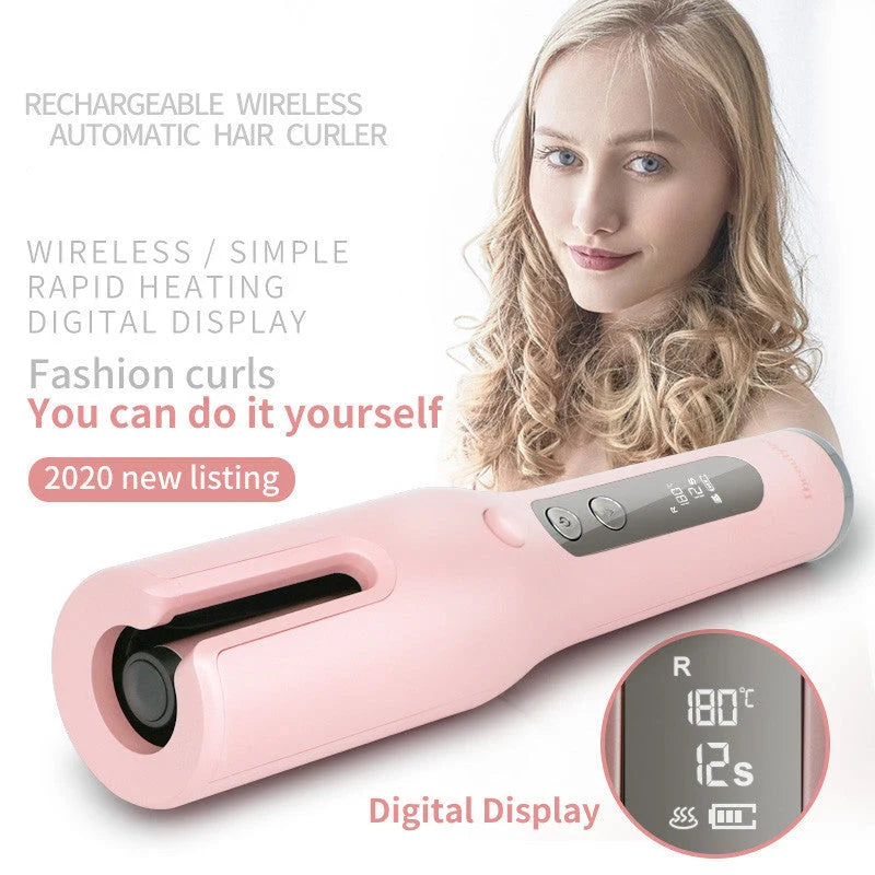 Wireless Automatic Curler with USB LCD Screen and Ceramic Heating in Pink and White