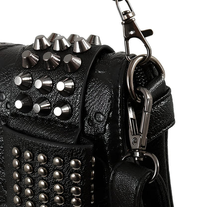 Black Shantou women's messenger bag with rivets, chain handle, and square shape for secure cross-body carry