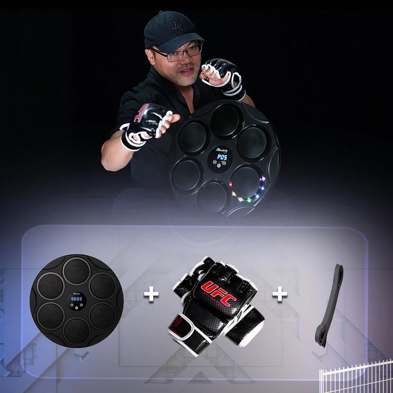 Smart Bluetooth music boxing target with coloured LED lights and wall-mounted design for fitness training, featuring PU construction and multiple training modes for home workouts