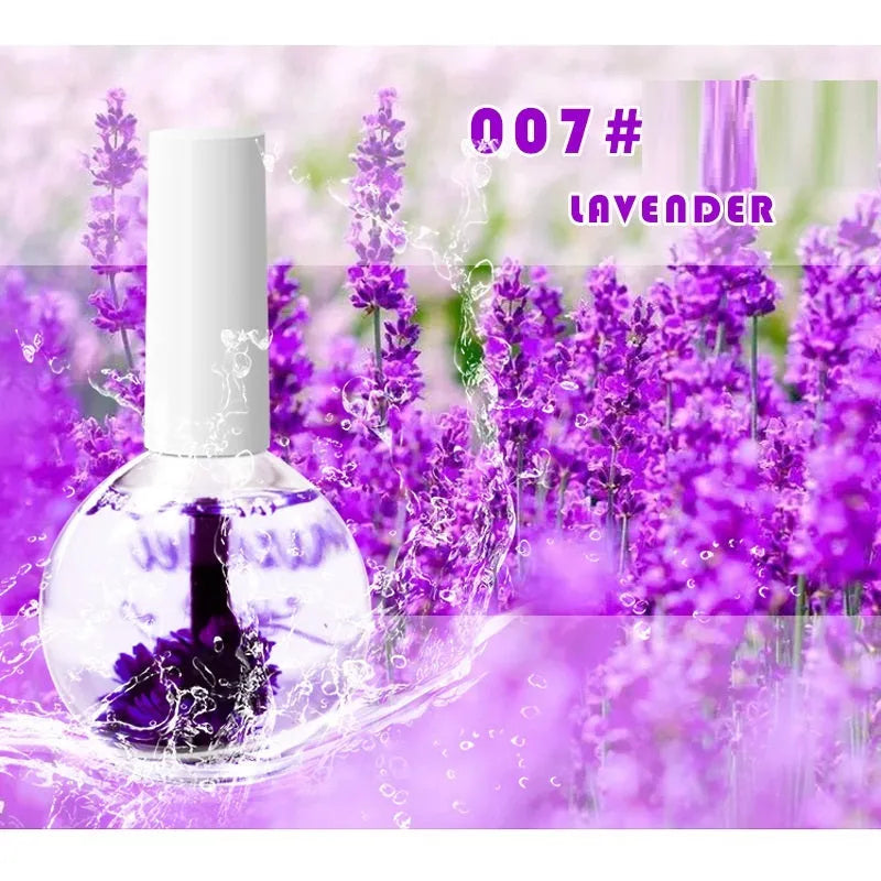 Nail Beauty Dried Flowers Nutrition Nail Treatment Oil 15ml in a clear bottle with visible dried flowers, one of 8 colour options