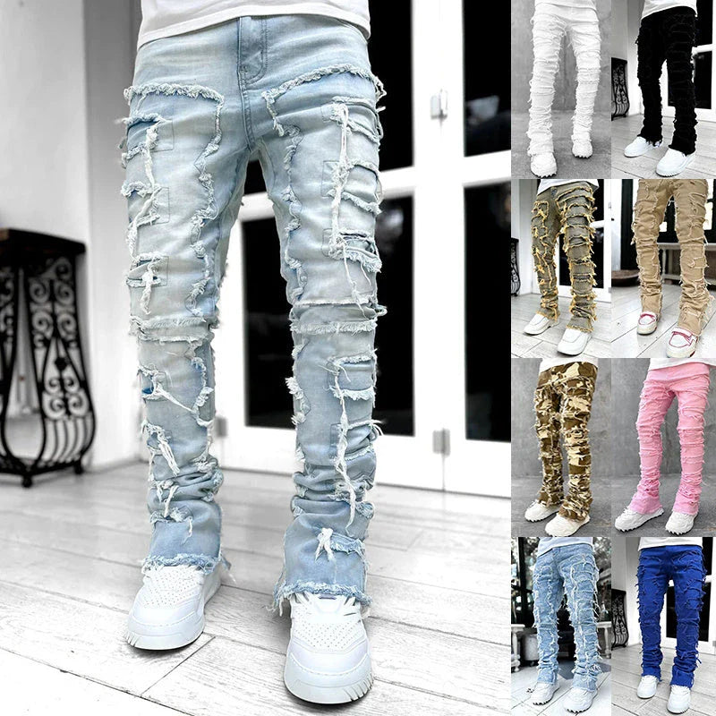 Stylish slim-fit patched jeans for men in various colors and sizes