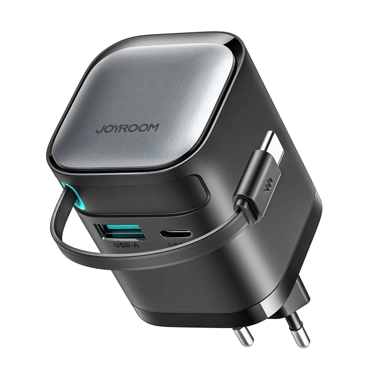 65W black telescopic Type-C PD fast charger with retracted cable, suitable for CN and EU models