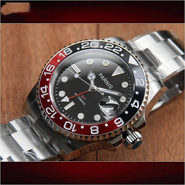 Men's automatic GMT watch submarine series 40mm flat sapphire glass fine steel case blue black dial