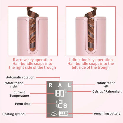 Wireless Automatic Curler with USB LCD Screen and Ceramic Heating in Pink and White