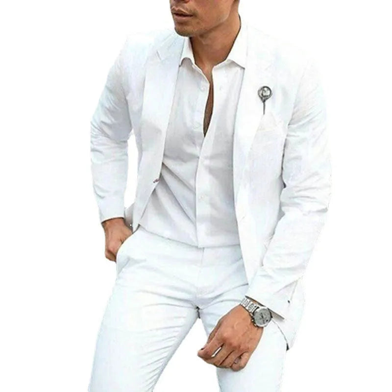 White slim fit men's two-piece wedding suit with cotton acetate blend fabric