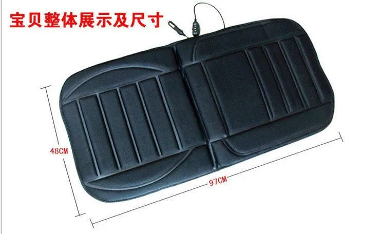 Black car heating cushion with elastic straps on a car seat, 97x47x1cm