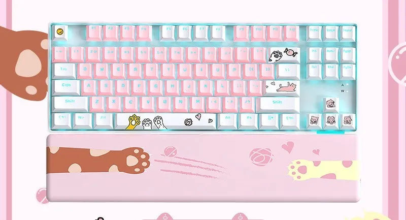 TK916 87-key green shaft RGB mechanical keyboard with metal panel and USB cable, white and pink colour