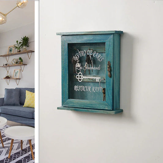 Vintage European-style wooden key storage cabinet with six hooks