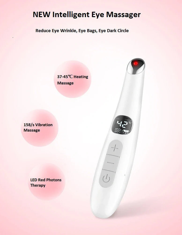 White electronic eye massager with adjustable temperature settings and vibration therapy for eye strain relief