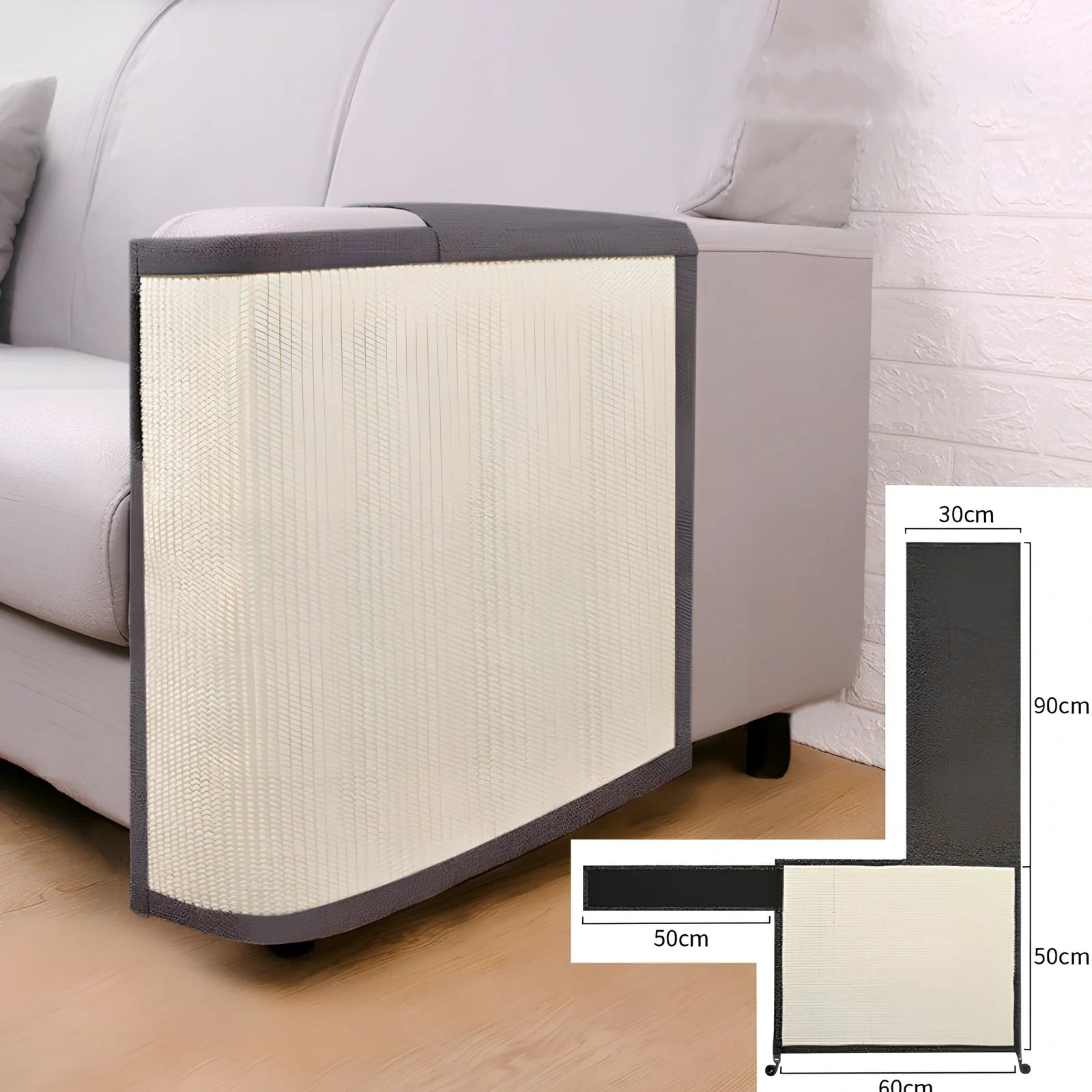 Dark grey cotton linen cat scratcher pad on sofa arm, 50cm wide anti-scratch protection for pet claws