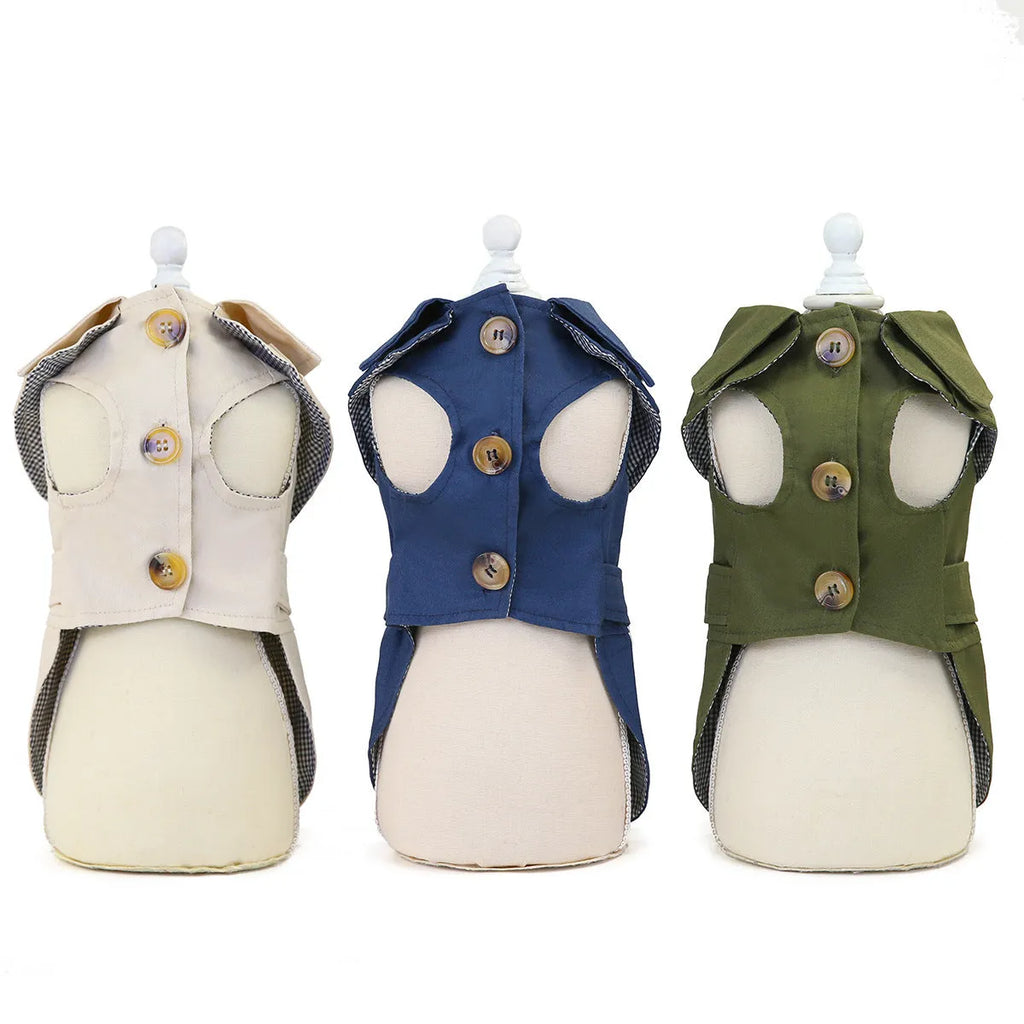 Pet dog coat in khaki polyester two-legged style side view with back length measurement visible