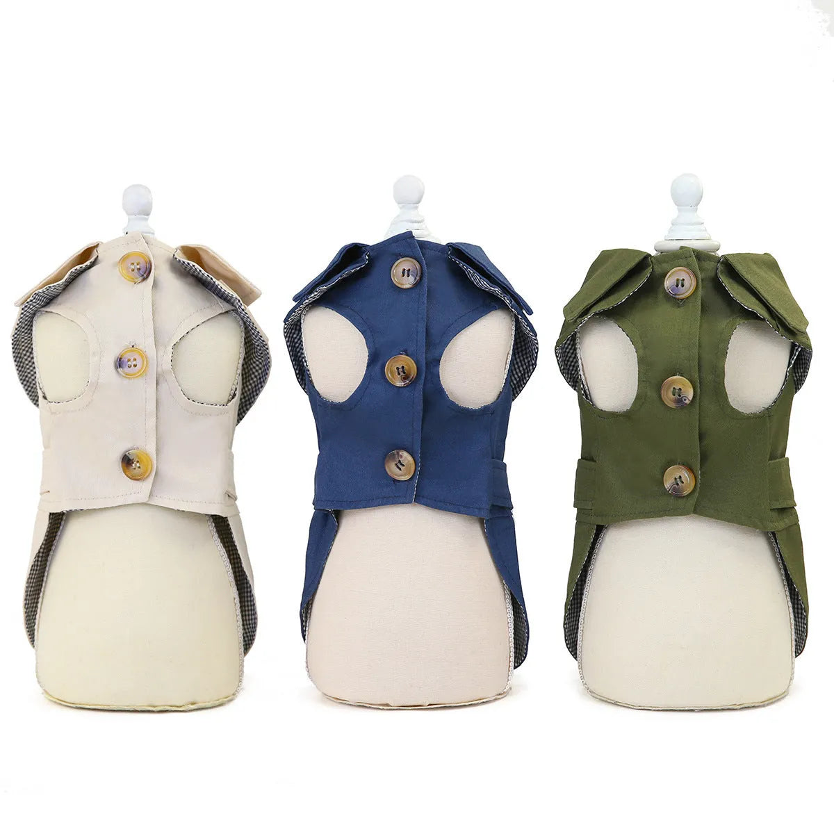 Pet dog coat in khaki polyester two-legged style side view with back length measurement visible