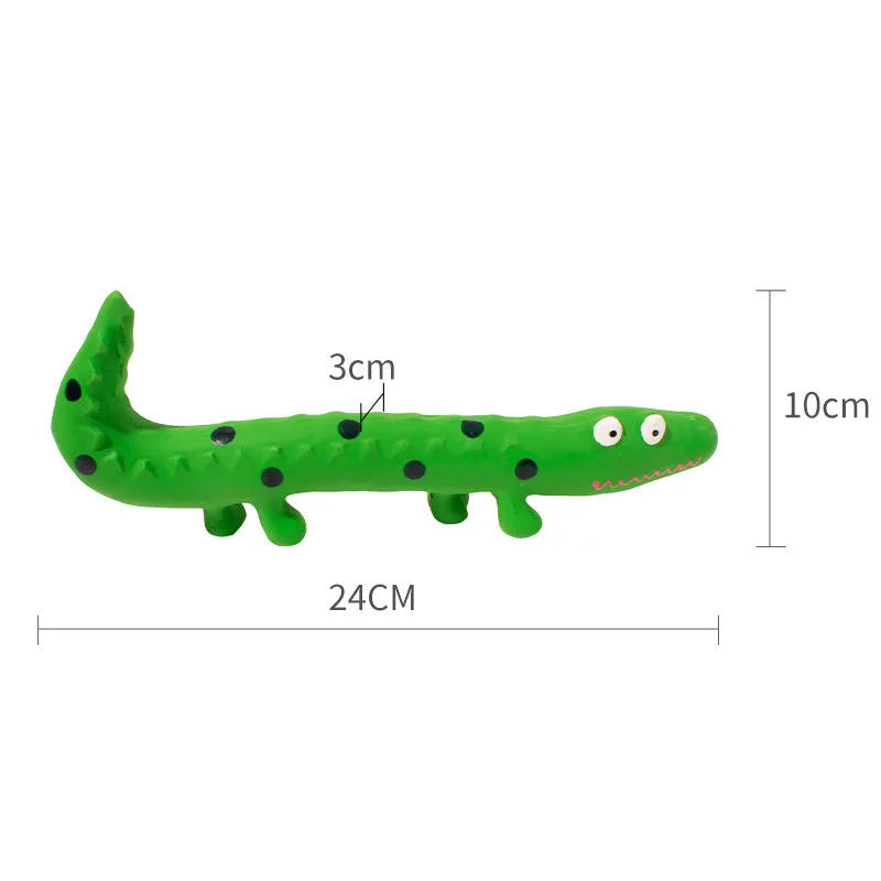 Green lizard-shaped dog chew toy with squeaker function for dental play