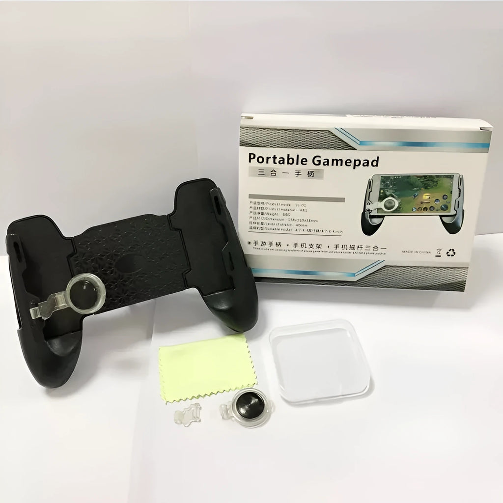 Black ABS three-in-one foldable game handle stretched to hold a mobile phone, with adjustable rear bracket and 270-degree suction cup