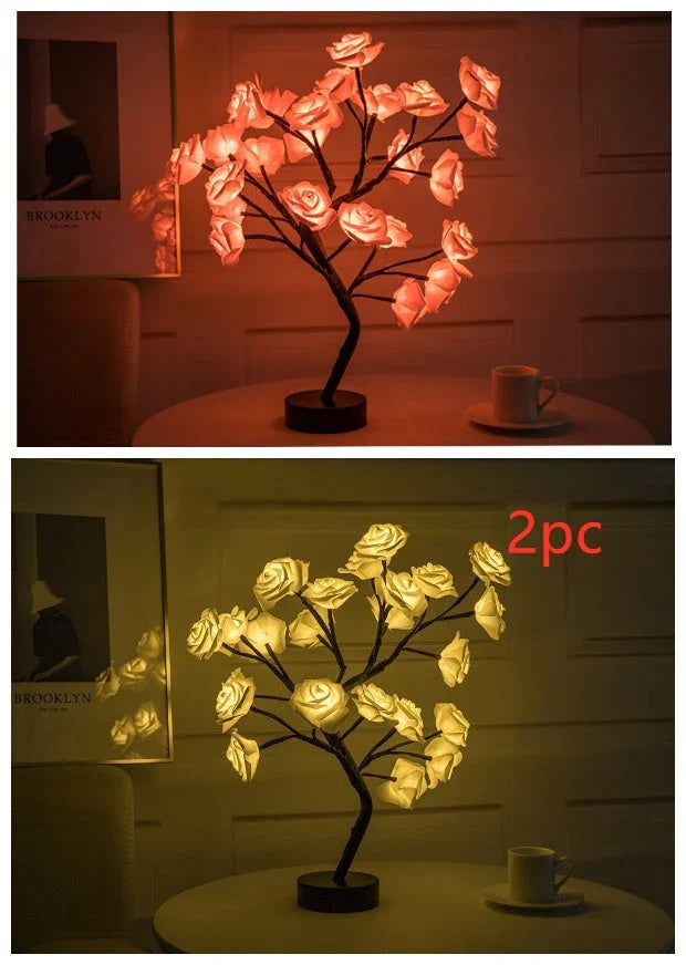 Rose Flower LED Table Lamp in white and red with USB and battery operation