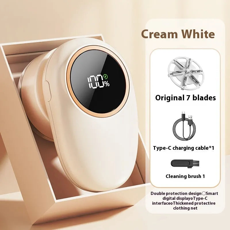 Digital display lint roller and fur ball trimmer in beige or purple with optional cutter heads.