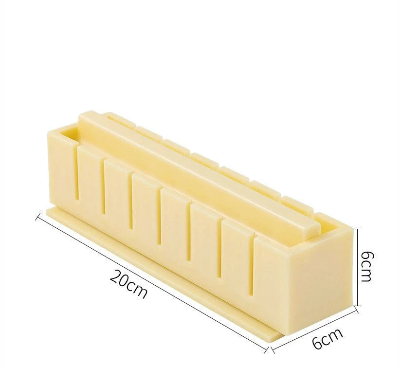 Plastic sushi making kit with 5 molds for creating heart, round, and square sushi shapes