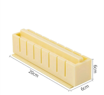 Plastic sushi making kit with 5 molds for creating heart, round, and square sushi shapes