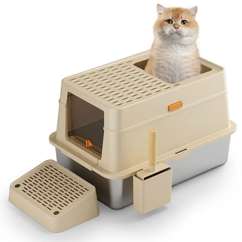 Grey enclosed hooded cat litter tray with foot pedal, showing stainless steel interior