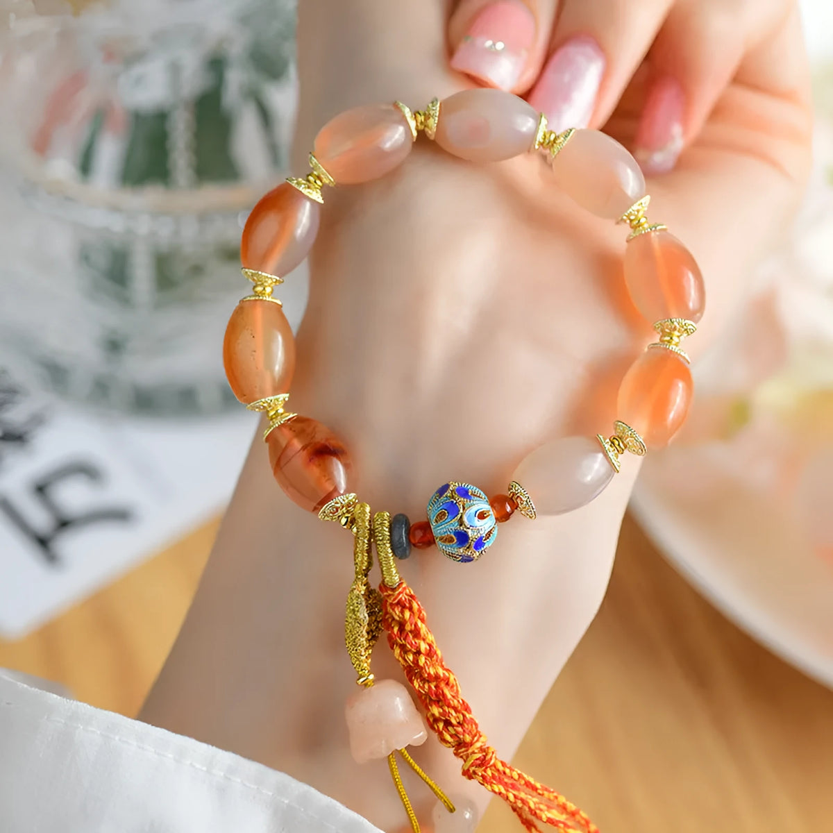 Jinsi jade agate Tibetan bracelet with carved lily flower motif and geometric shapes