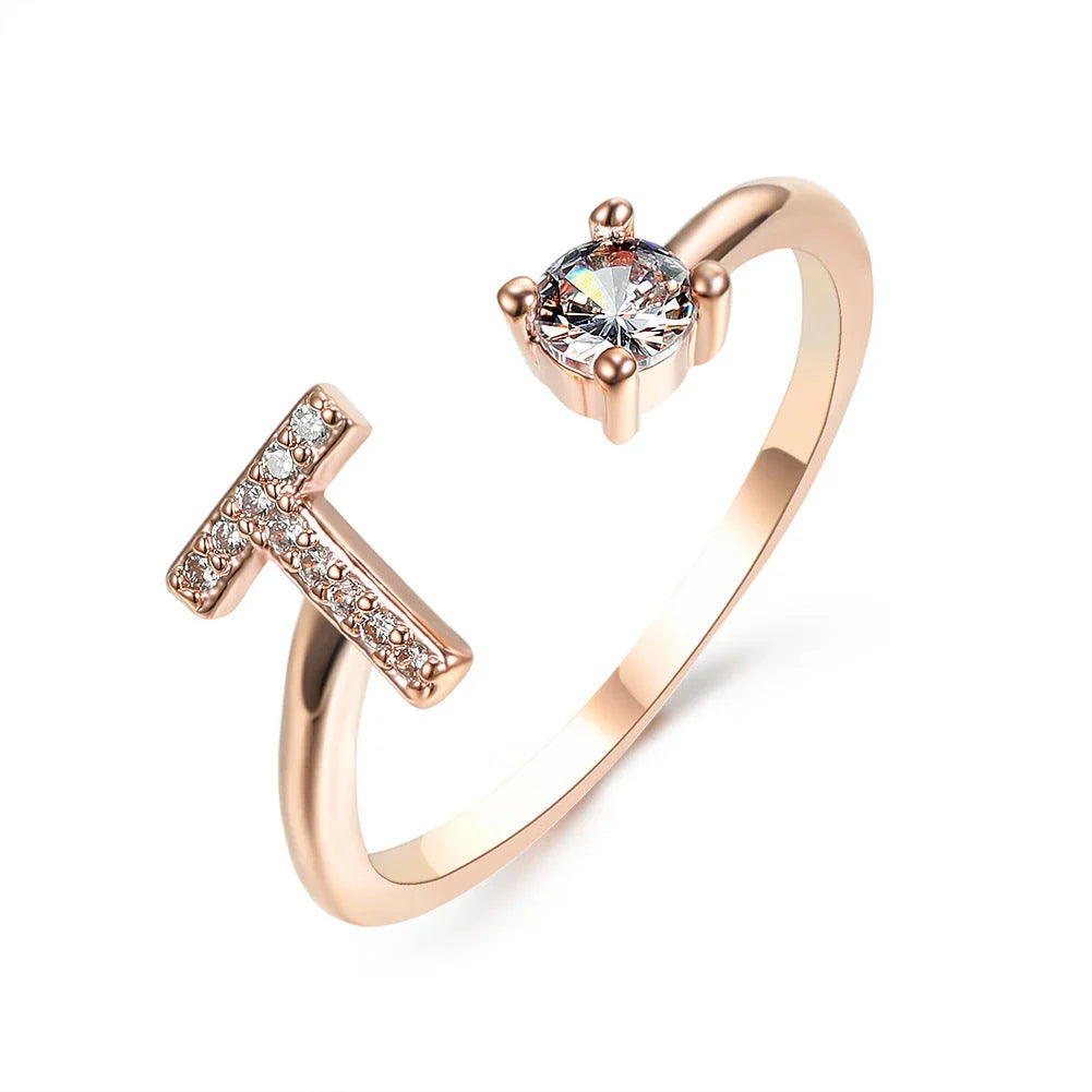 Elegant 26-letter adjustable initial ring in gold, silver, and rose gold finishes