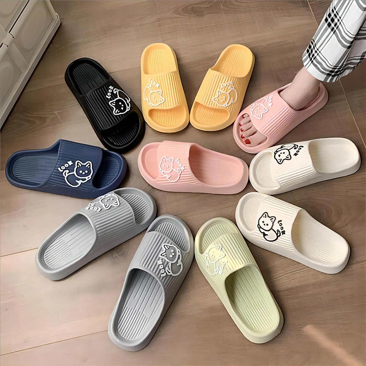 Non-slip women's anti-odor home sandals with EVA sole in multiple colours including puppy white, pink, yellow, caramel, black, and gray