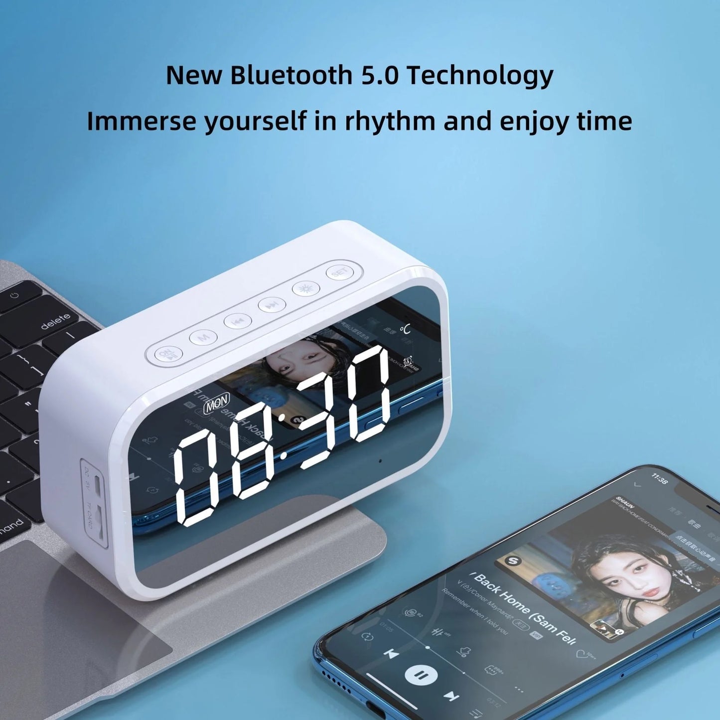 Desktop alarm clock with Bluetooth wireless audio in black, pink, and white