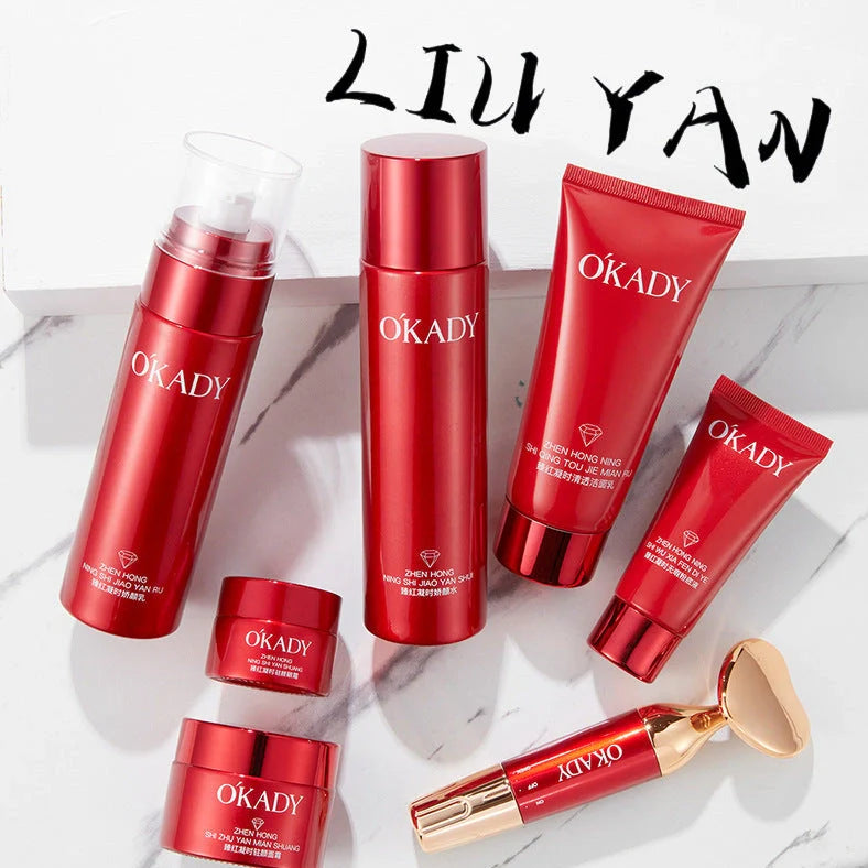 10-piece skincare set with facial cleanser, toner, essences, creams and liquid foundation