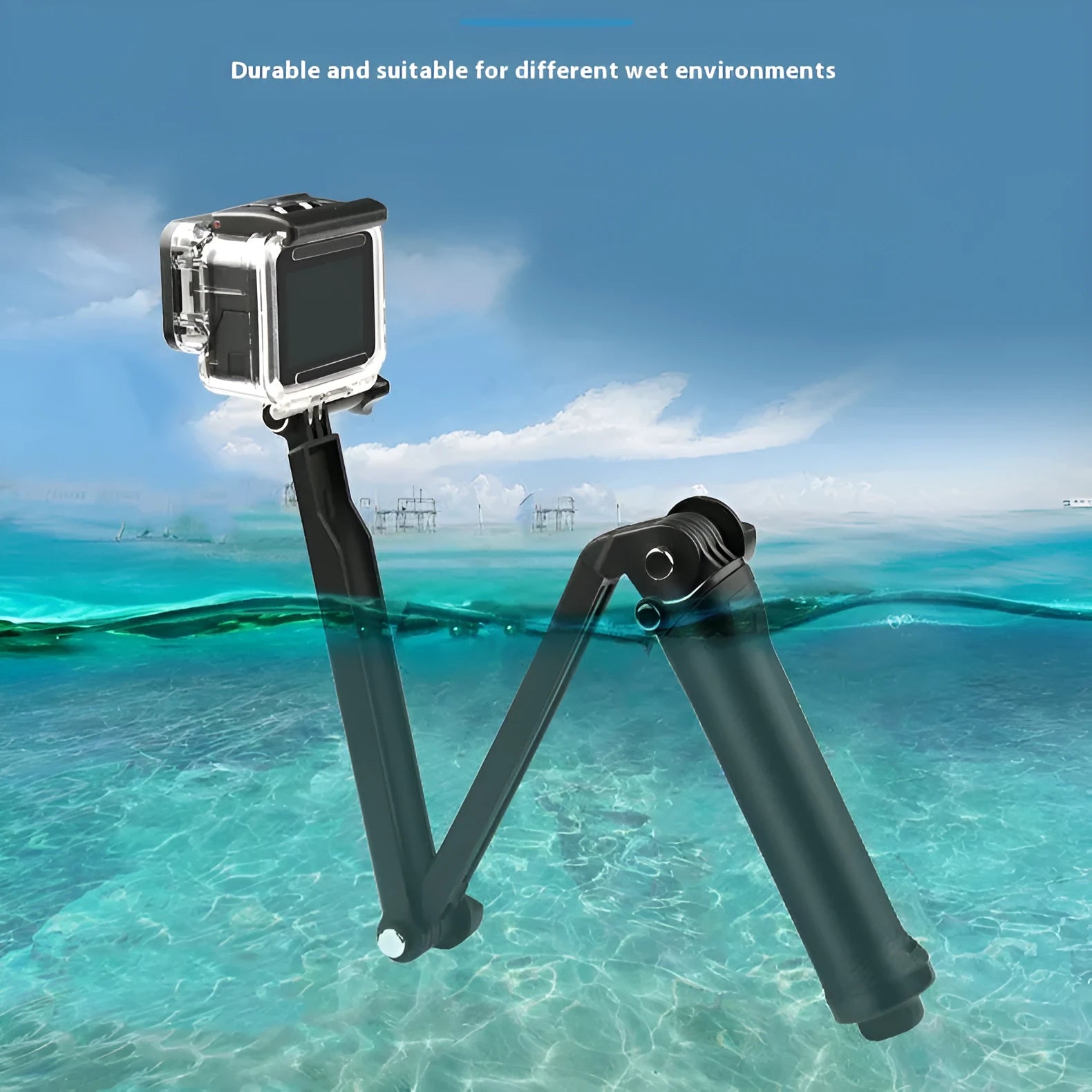 Black portable folding tripod for GoPro Hero action cameras in compact storage position.