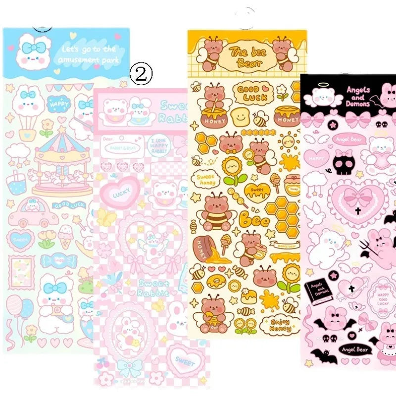 Clear PVC waterproof sticker sheet with cartoon designs for notebook and stationery decoration.