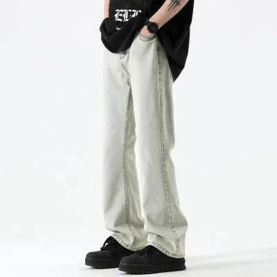 American retro high waist straight leg washed denim pants for teenagers in black with button front fly
