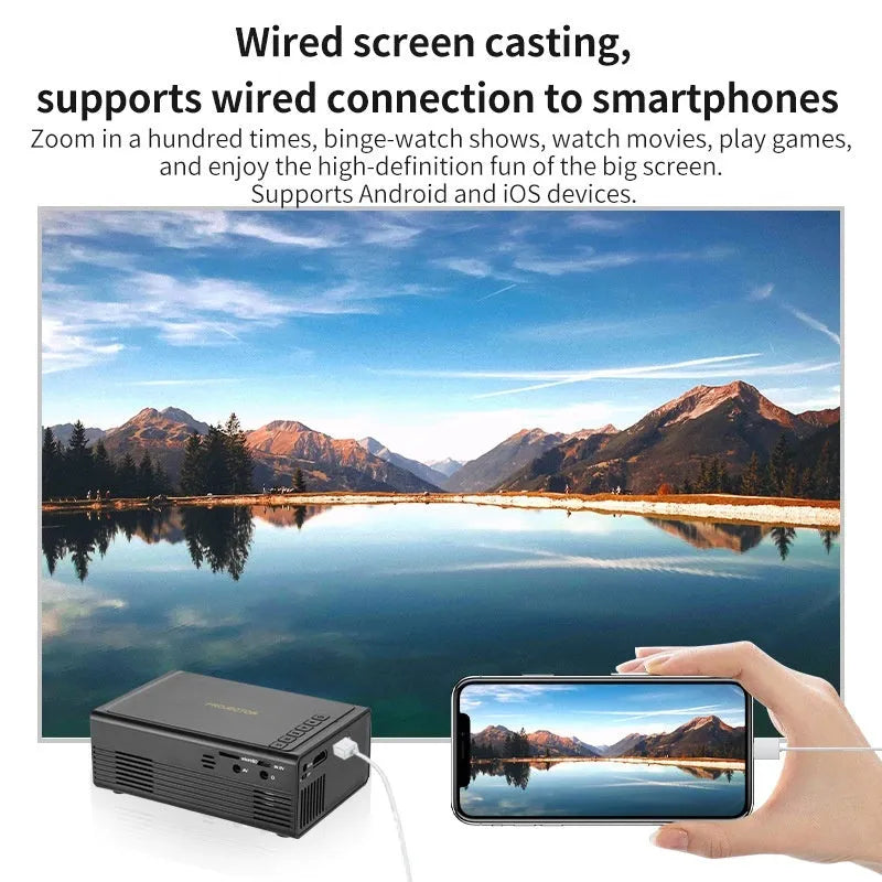 Portable mini projector in black with wired cable for mobile phone screen mirroring
