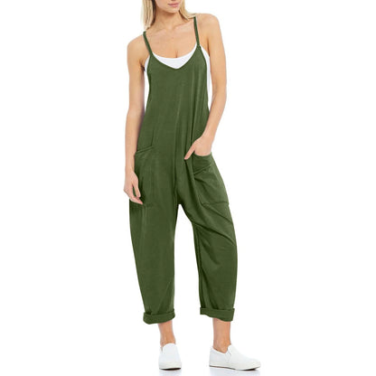 Women's knitted one-piece trousers with pockets and spaghetti straps in various colours