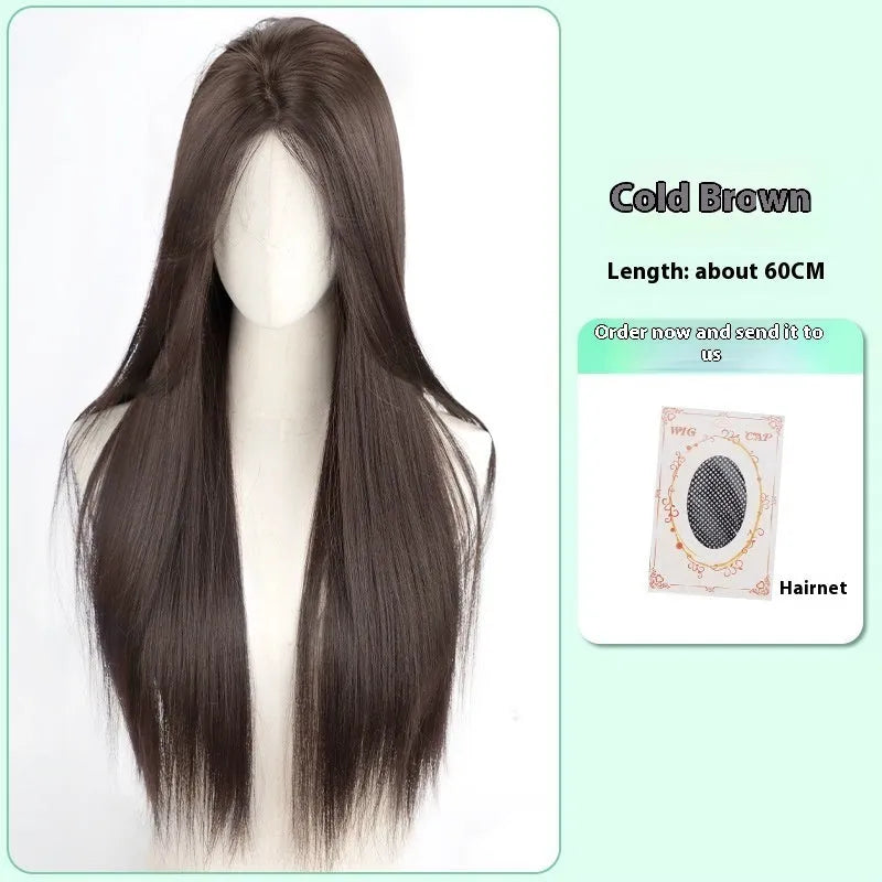Female full-head wig with forehead lace in brown black colour showing fluffy high-temperature fibre texture