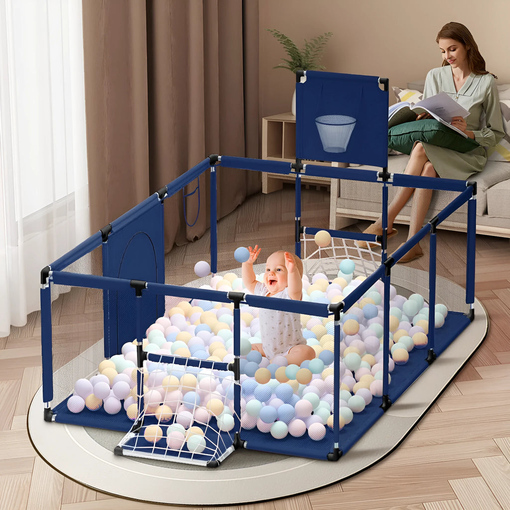 Large grey children's playpen with tent top and stainless steel frame in a living room