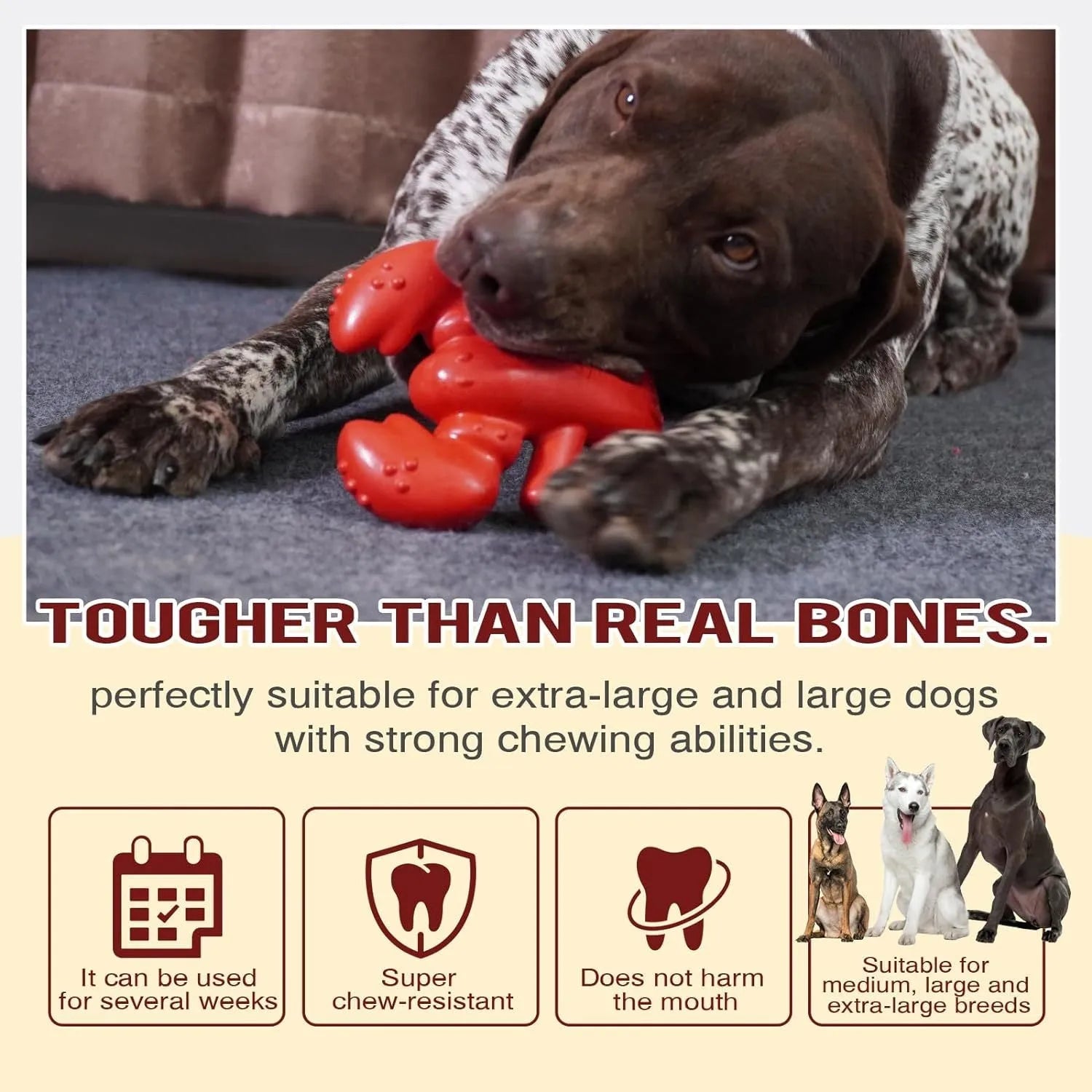 Red large hard dog chew toy for aggressive chewers and big breeds on a white background.