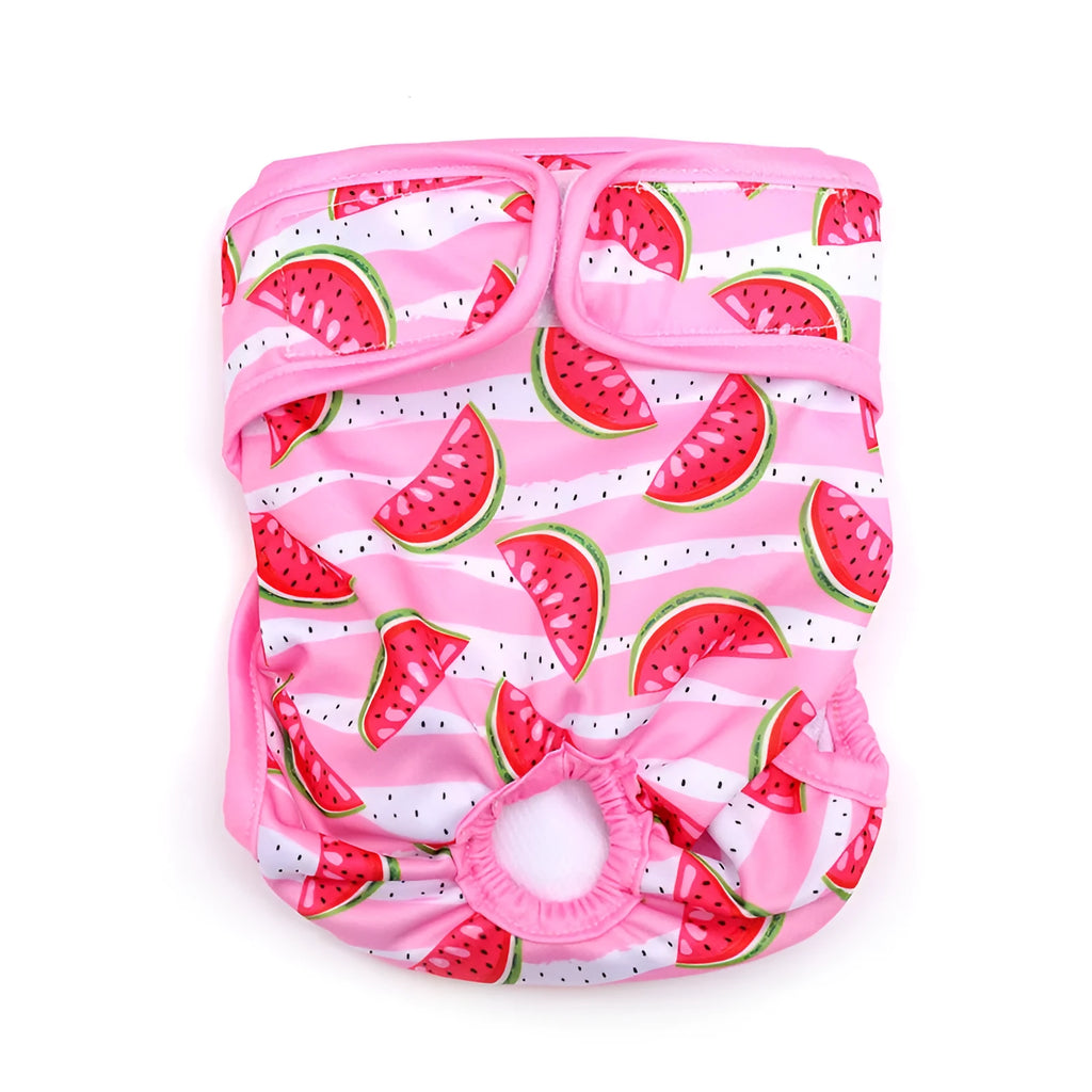 Cloth dog menstrual panties with colourful cartoon prints, available in multiple sizes and colours for heat-cycle protection