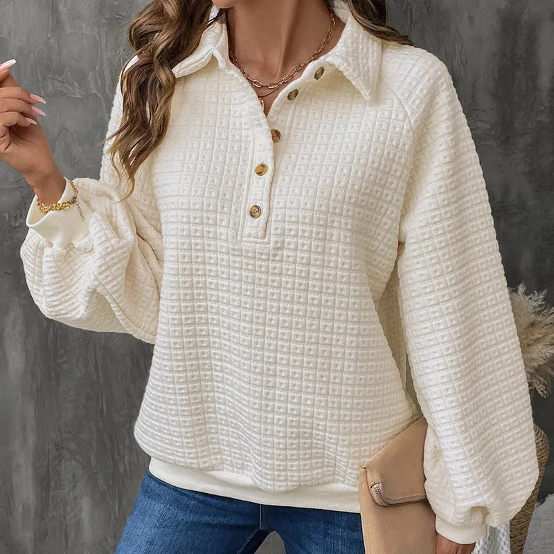 Women's textured polo collar solid colour sweater in beige on a hanger.