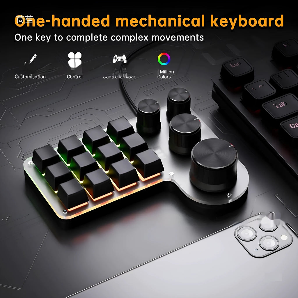 Custom mechanical keypad with 12 keys and 4 knobs, red axis switches, black housing, USB connection