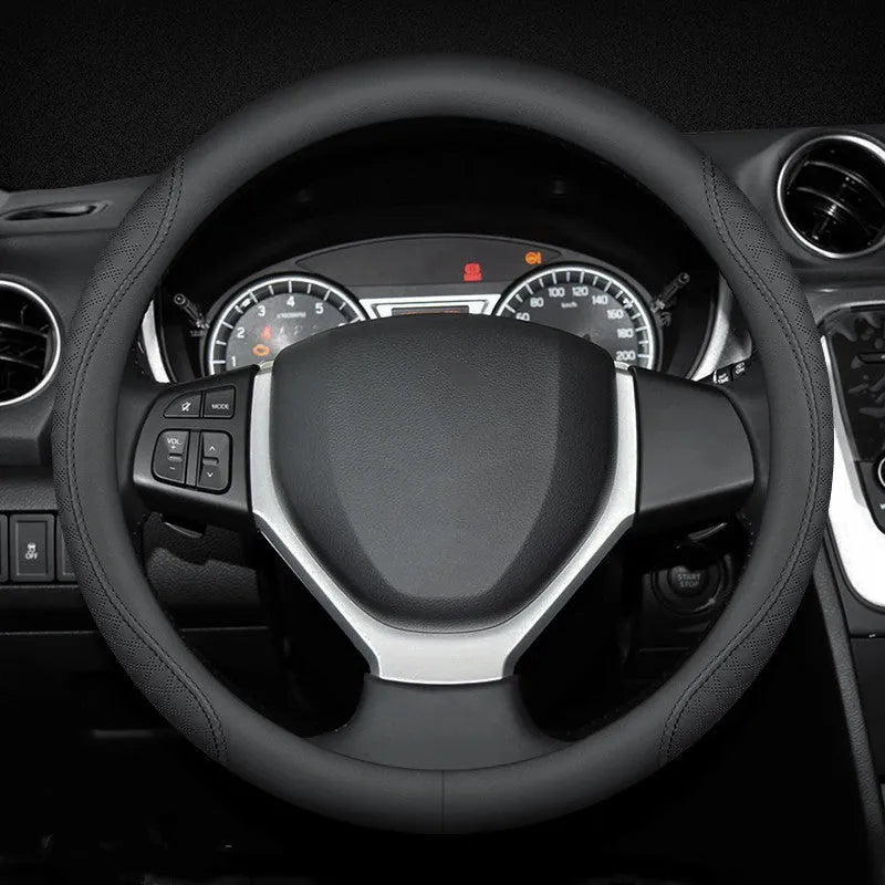 Black two-colour line leather steering wheel cover for Suzuki cars with 38cm diameter