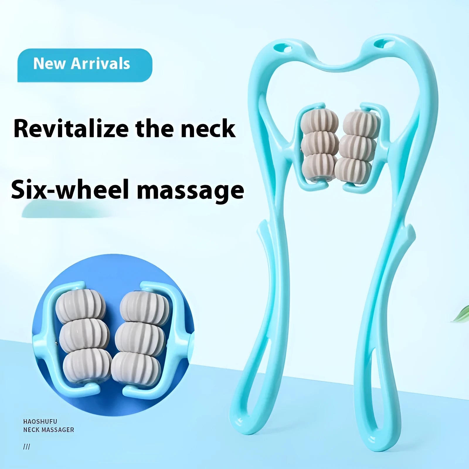Blue plastic hand-held massager with six white wheels for neck, shoulder, and waist muscles.