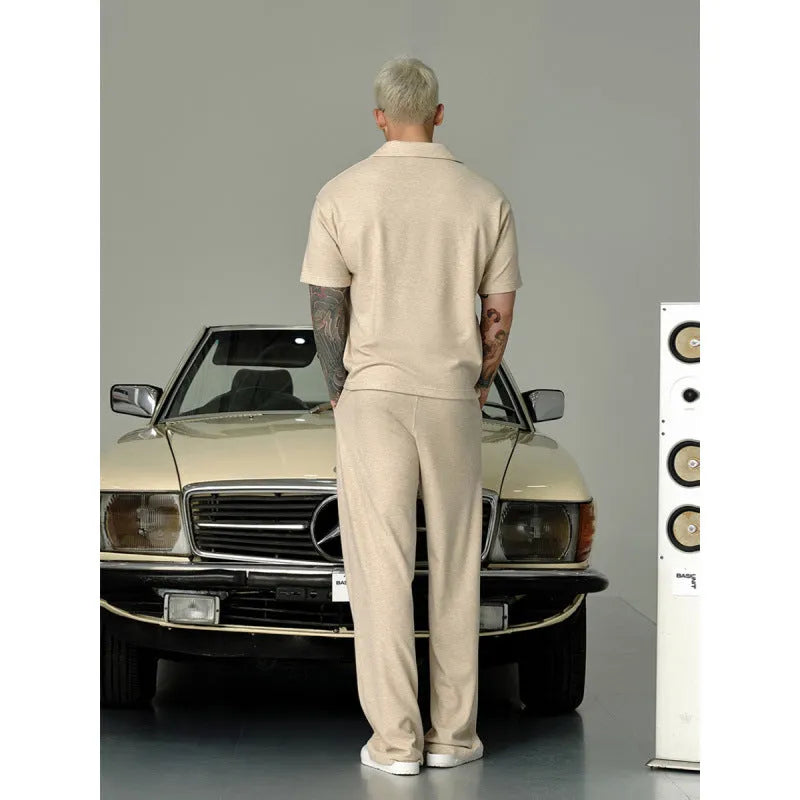 Men's beige cotton short-sleeved T-shirt with matching trousers, casual summer suit