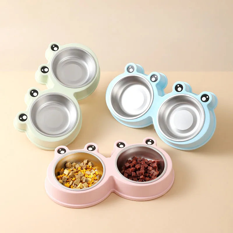 Blue stainless steel double pet bowl with frog design and non-slip base for cats and dogs