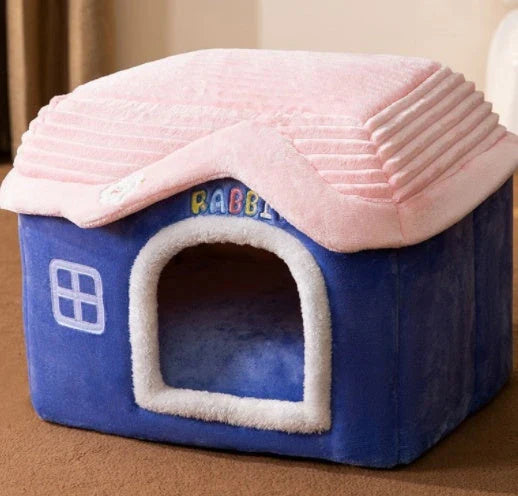 Cozy Pet Cave: Foldable plush dog house with warm removable cushion in various color options