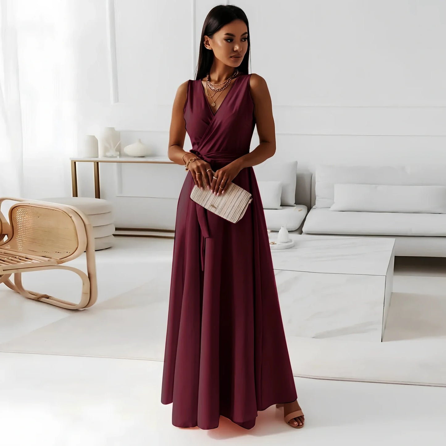 Women’s V-neck sleeveless maxi dress in navy blue with mid-waist belt, polyester fabric, length 144cm size M for party wear