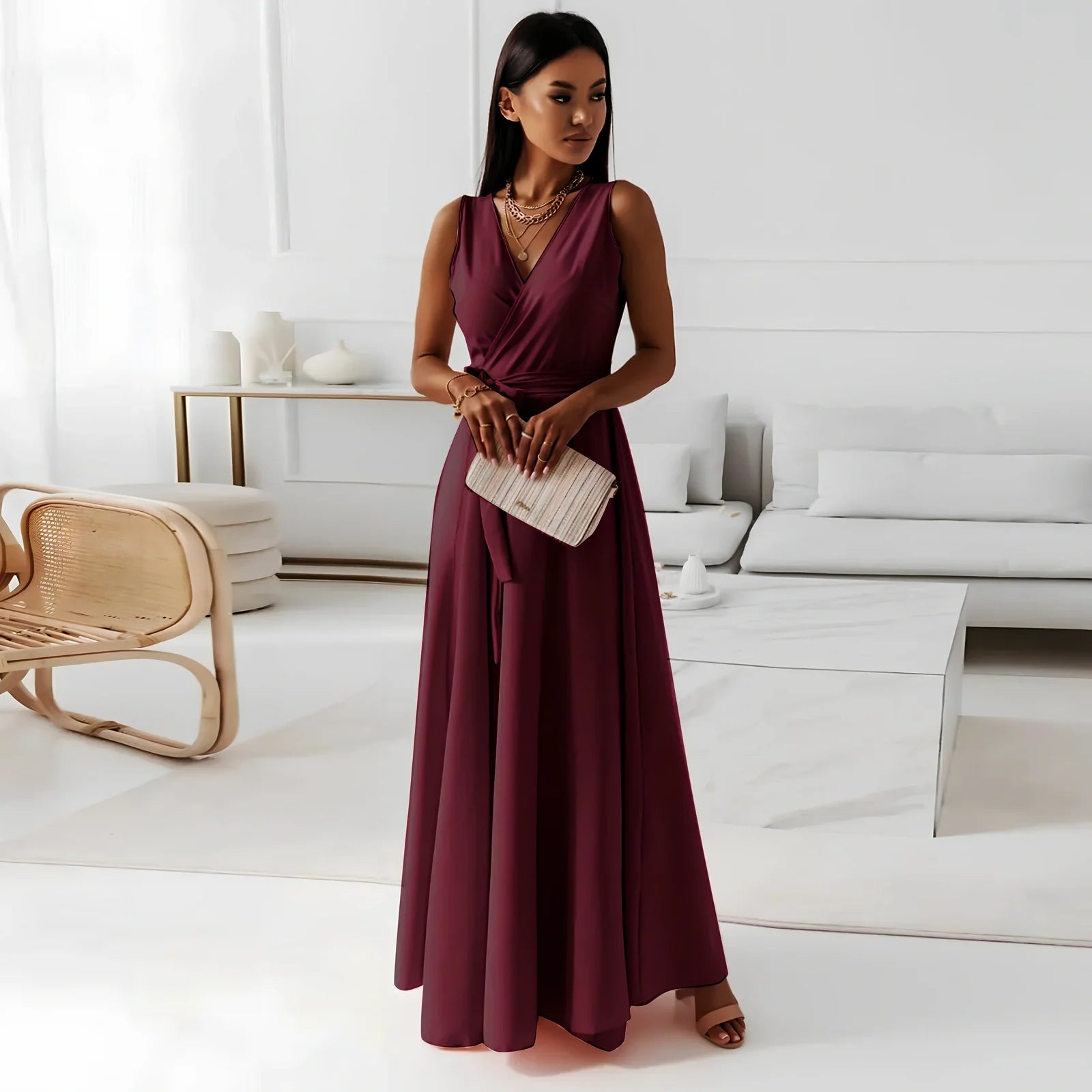 Women’s V-neck sleeveless maxi dress in navy blue with mid-waist belt, polyester fabric, length 144cm size M for party wear