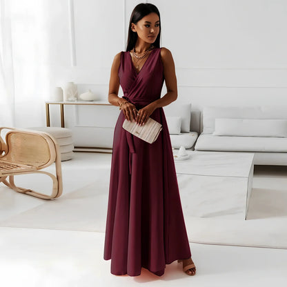 Women’s V-neck sleeveless maxi dress in navy blue with mid-waist belt, polyester fabric, length 144cm size M for party wear