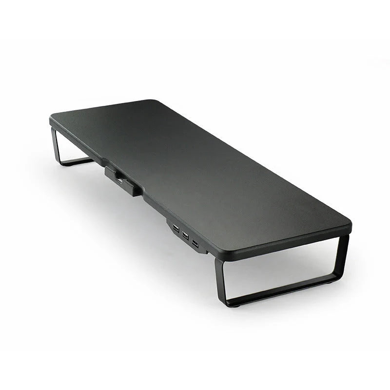 Ergonomic monitor riser with USB ports and phone holder on a desk